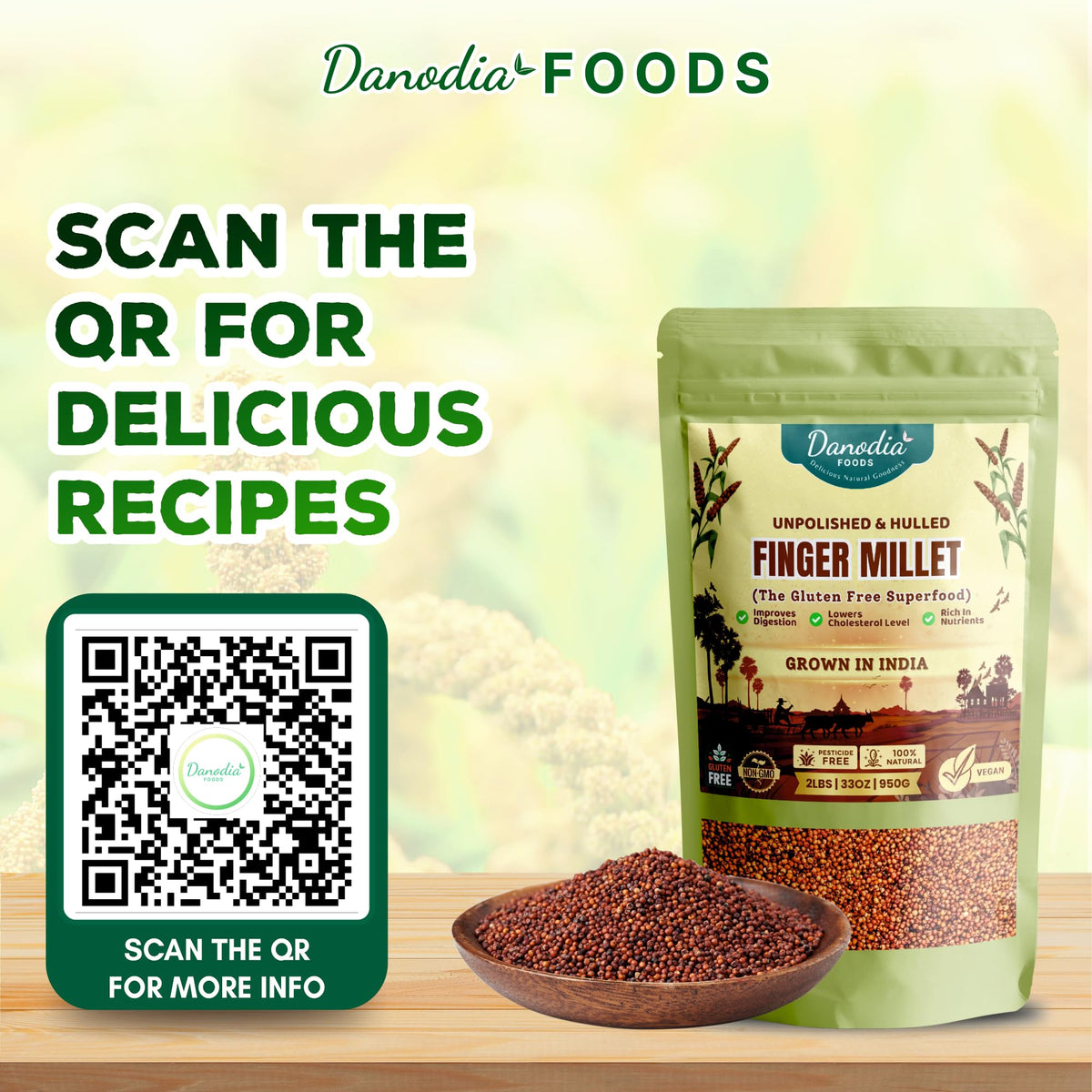 Danodia Foods Finger Millet (Ragi) – Organic, Gluten-Free, 2lb (950g) | Rich in Calcium, Iron & Fiber