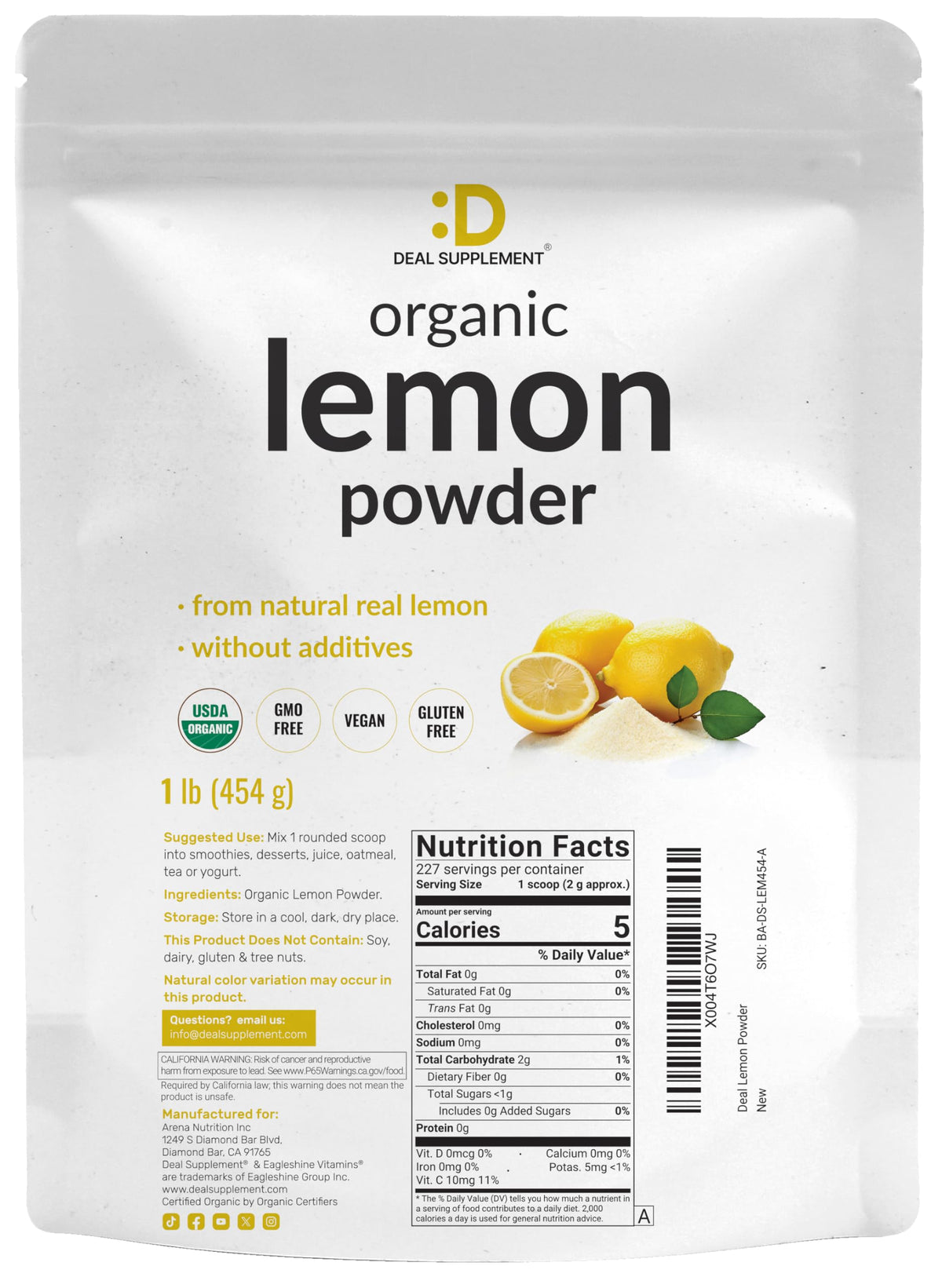 Deal Supplement Organic Lemon Powder 1lb – Freeze-Dried Lemon Source, Vitamin C, Non-GMO, No Additives