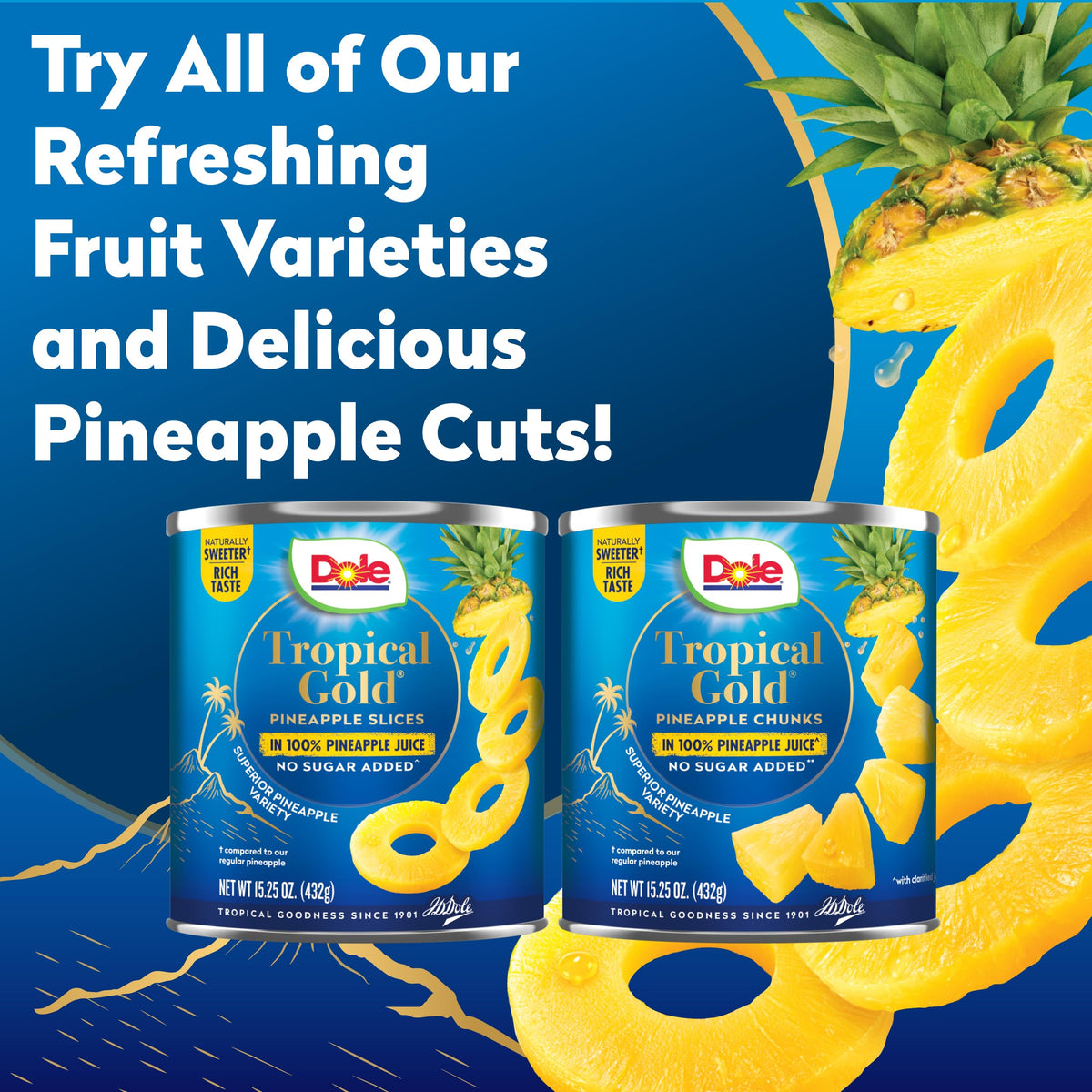 DOLE Tropical Gold Pineapple Chunks in 100% Pineapple Juice – Gluten Free, No Sugar Added, 15.25 oz, 12 Count
