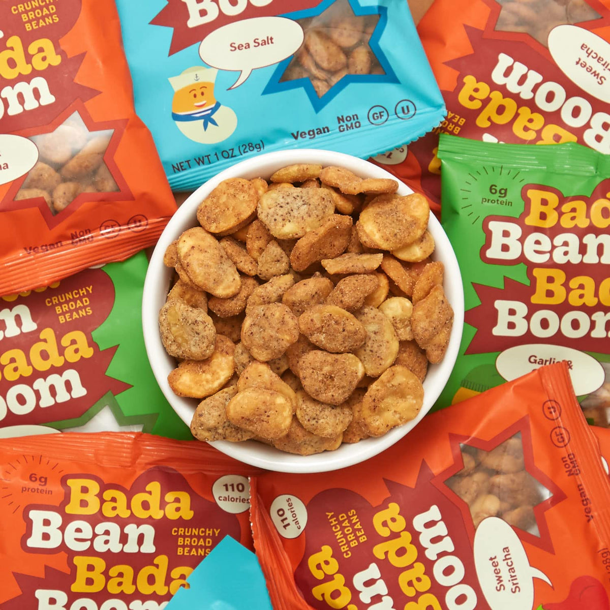 Enlightened Bada Bean Bada Boom Roasted Fava Beans – Crunchy Plant-Based Snack, 110 Calories, 1 oz Pack of 24