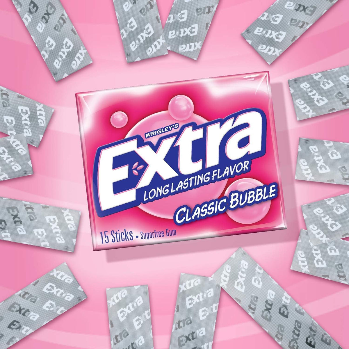 Extra Sugar Free Gum – Classic Bubble, 15-Piece Slim Packs, Pack of 20 (300 Pieces)
