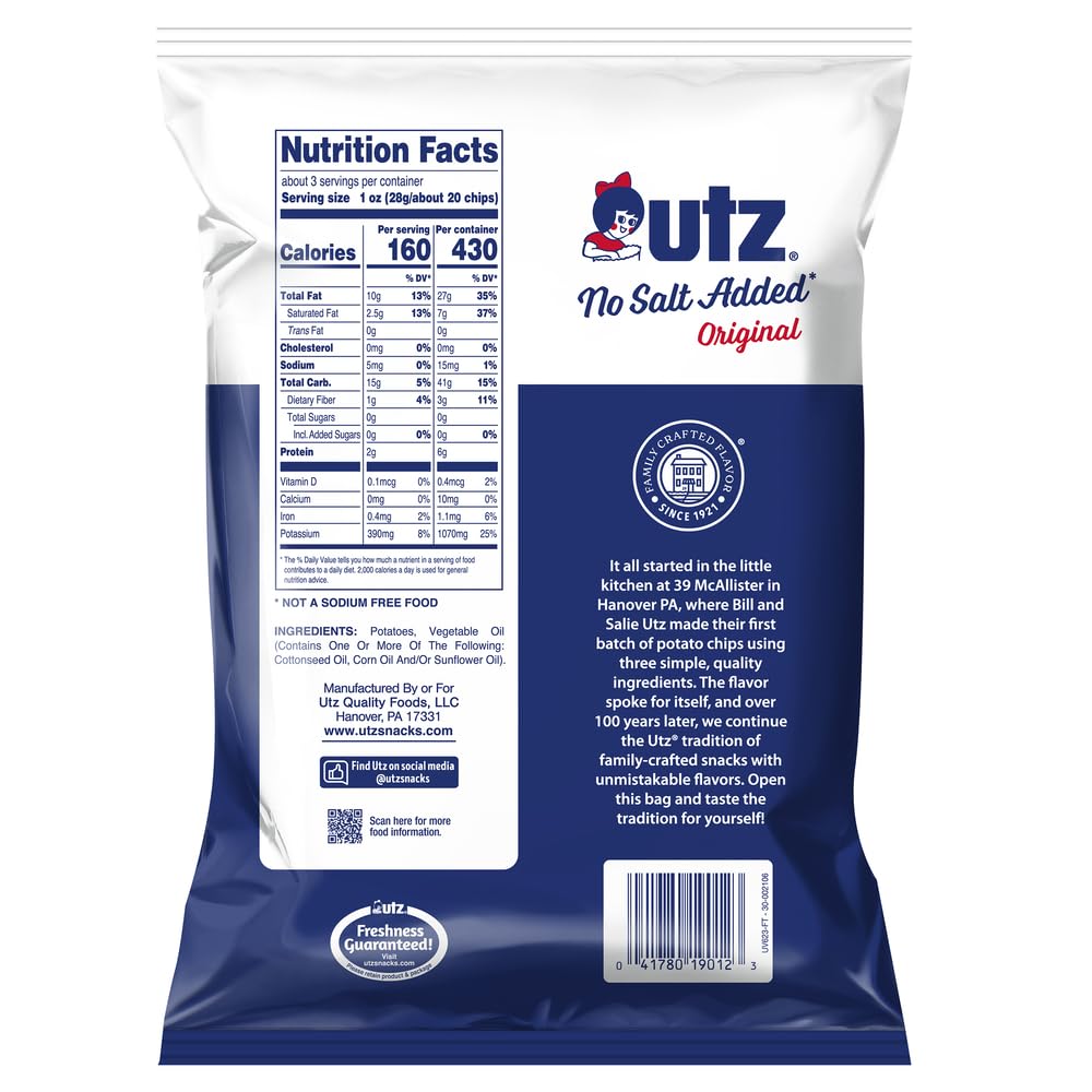 Utz No Salt Added Potato Chips – 14-Pack (2.75 oz) | Classic Crunch & Fresh Potato Flavor