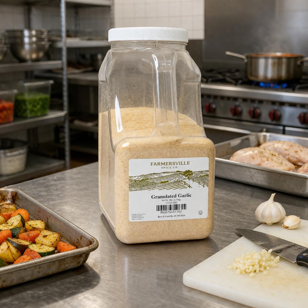 Farmersville Spice Co. Bulk Granulated Garlic - 5 lb Jar | Restaurant-Grade Flavor