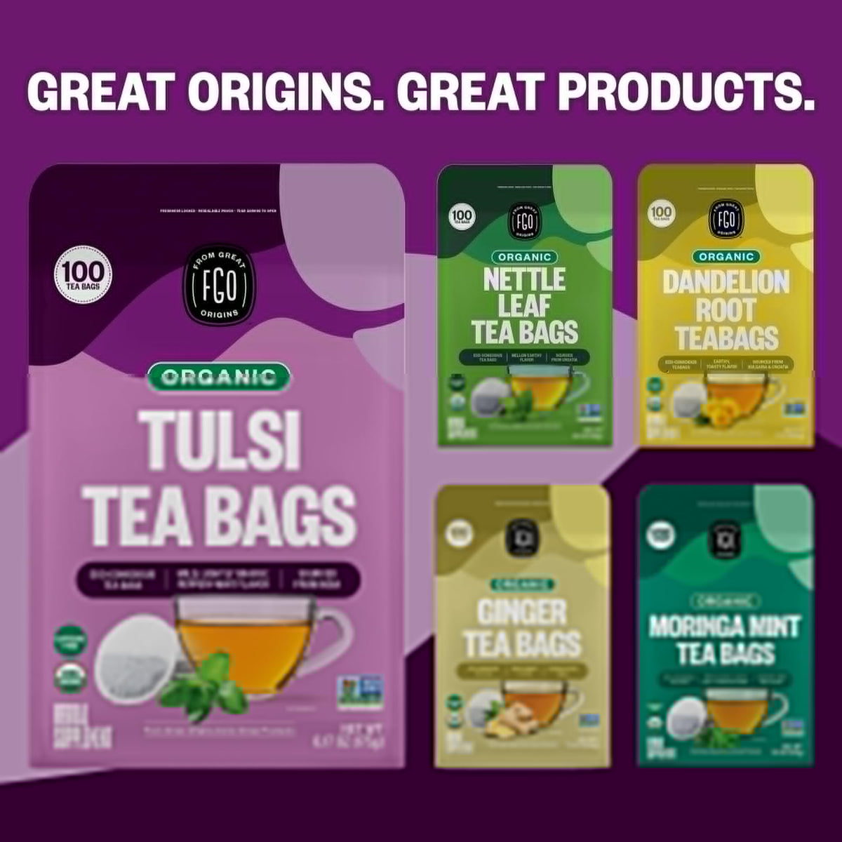 FGO Organic Tulsi Holy Basil Tea | 100 Count, Eco-Conscious Tea Bags, Caffeine Free, Resealable Bag