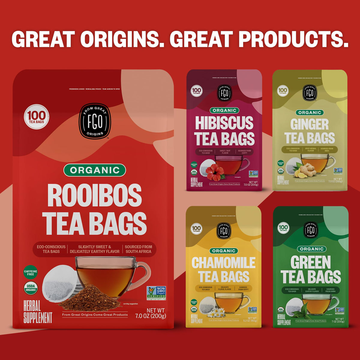 FGO Organic Rooibos Tea, 100 Eco-Conscious Bags, Caffeine Free (Packaging May Vary)