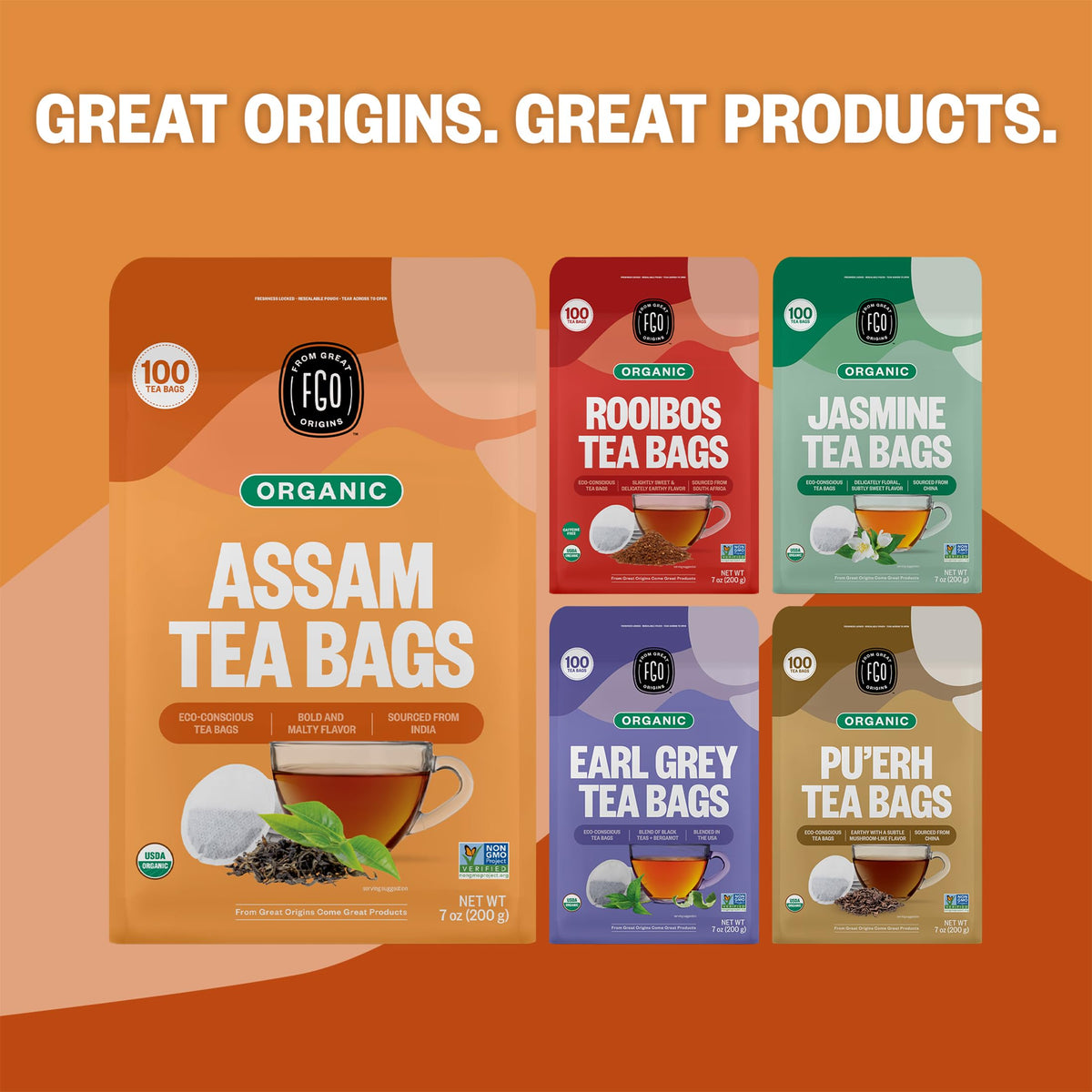 FGO Organic Assam Tea - 100 Count Eco-Conscious Black Tea Bags | Resealable Bag (Pack of 1)