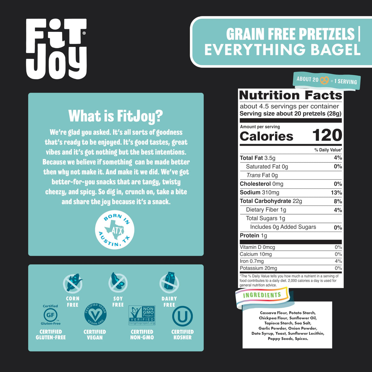 FitJoy Everything Bagel Pretzels – Gluten Free, Dairy Free, Nut Free, Vegan Snacks (6-Pack, 4.5 oz each)