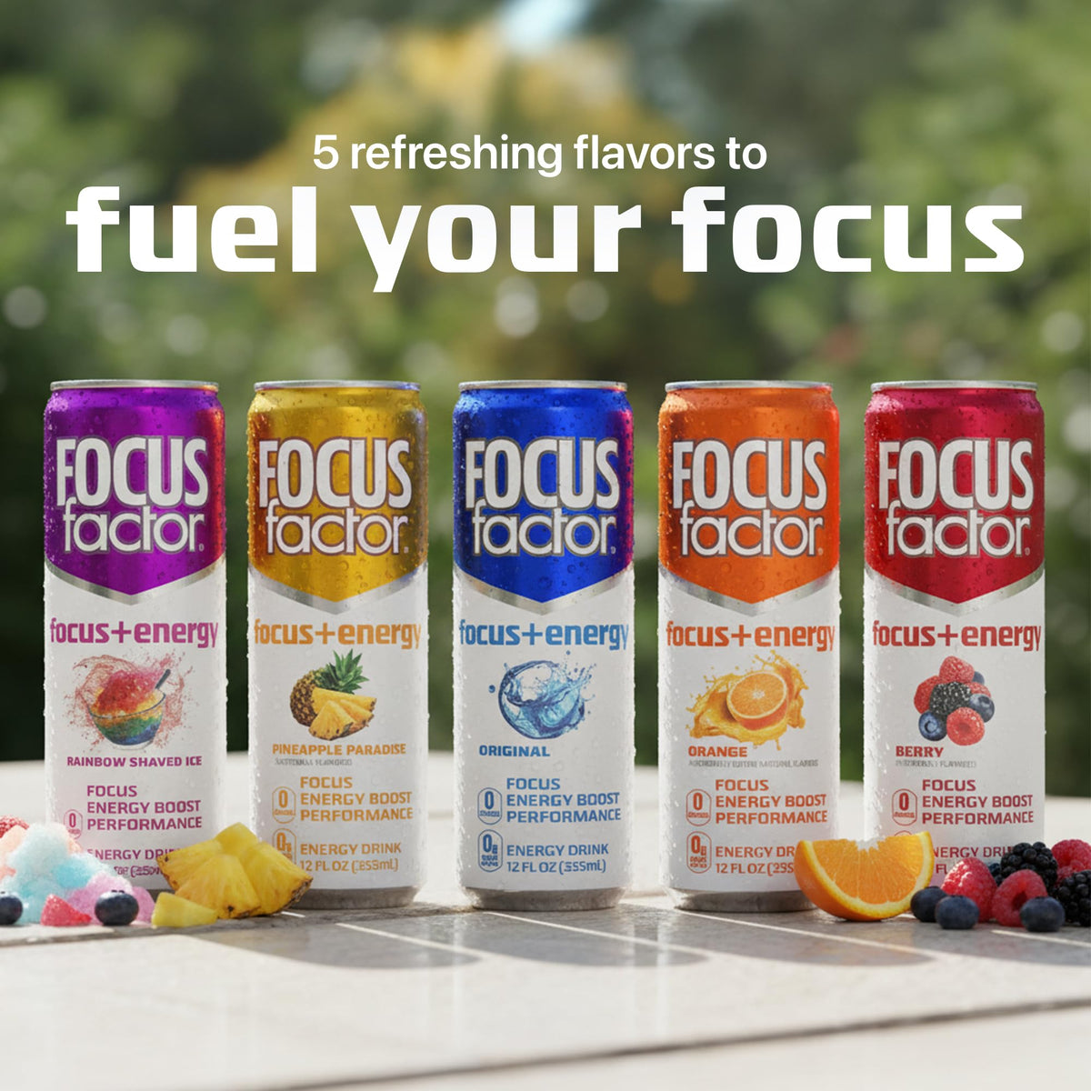 Focus Factor Energy Drink Rainbow Shaved Ice - 12 x 355ml Cans | Sugar Free, Low Calorie, with Vitamin B6 & B12