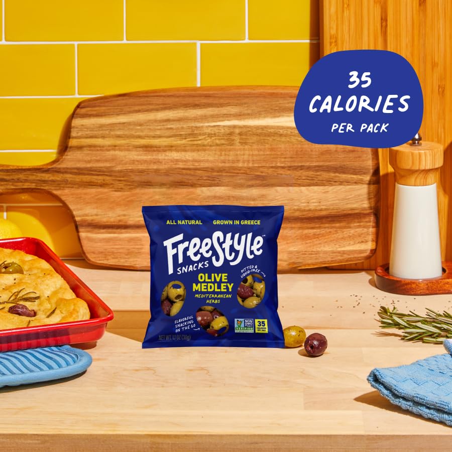 Freestyle Snacks Olive Snack Packs – Greek Olives, Single-Serve 1.1oz, All Natural, Sugar-Free, Non-GMO, 24 Pack (As Seen on Shark Tank)