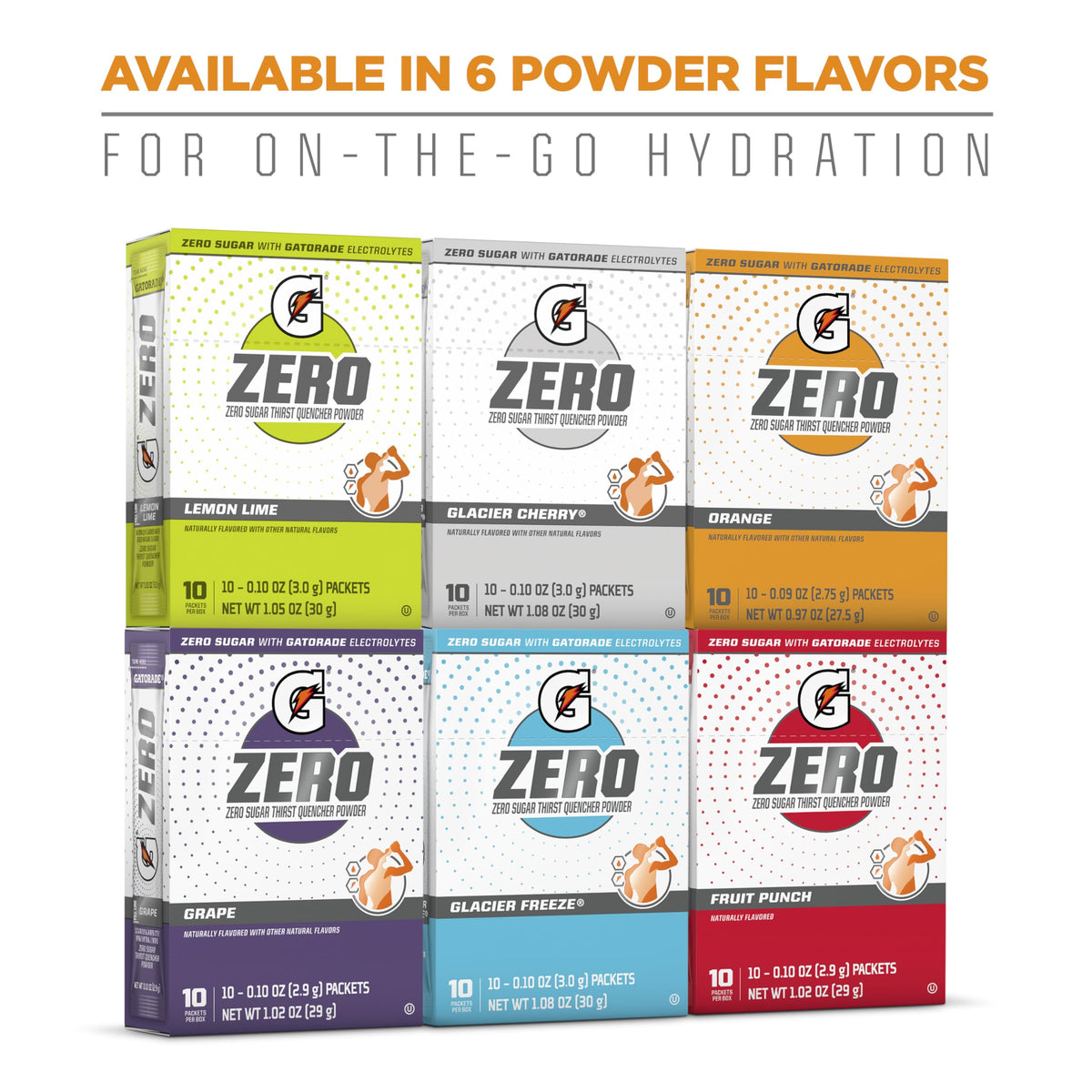 Gatorade G Zero Powder Glacier Cherry Variety Pack – 0.10oz Packets, 50 Sticks (Pack of 5)