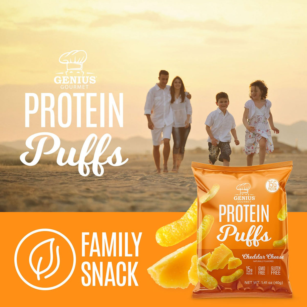 Genius Gourmet Protein Puffs – Cheddar Cheese, 8 Ct | High-Protein, Gluten Free Snack