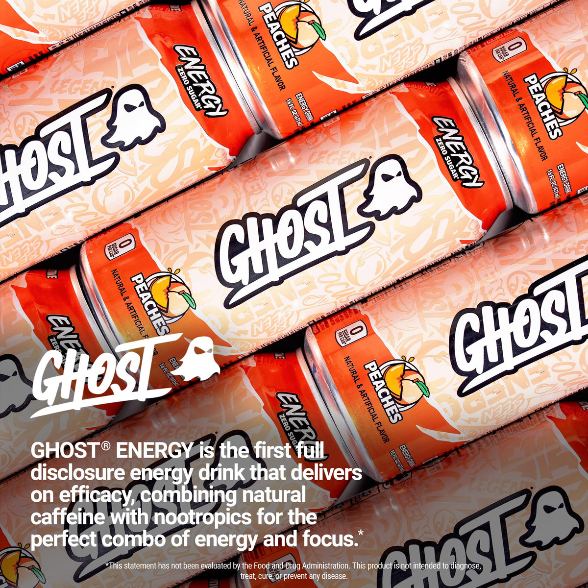 GHOST Energy Drink 12-Pack Peaches 16oz | Natural Caffeine & Focus