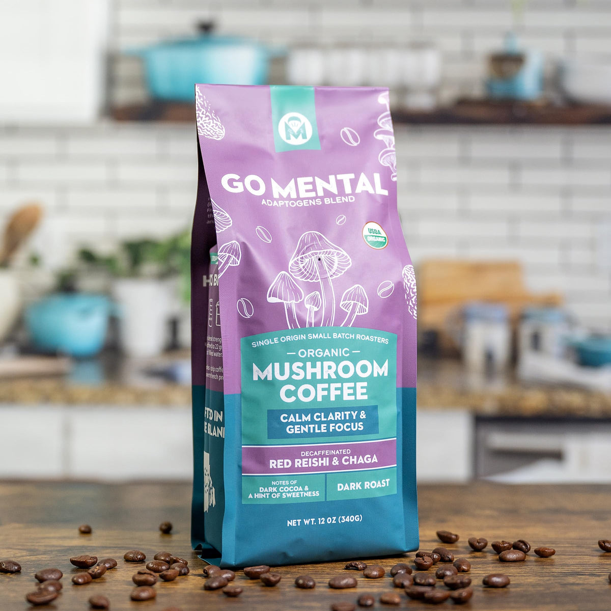 GO MENTAL Organic Mushroom Decaf Coffee – Swiss Water, Red Reishi & Chaga (12oz)