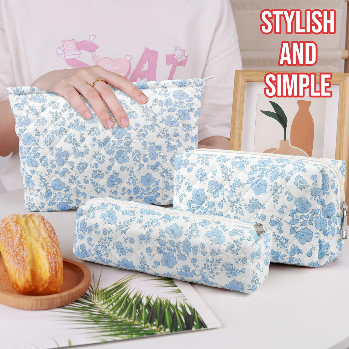 Gocvo 3 Pcs Makeup Bag Cosmetic Bag Set for Girls Women Checkered Travel Organizer Bathroom Toiletry Pouch Large Capacity Storage Bag(Blue Flower)