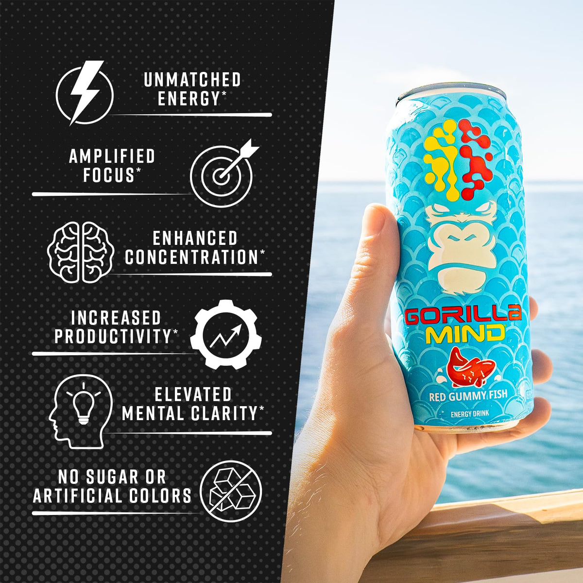 Gorilla Mind Energy Drink | Unmatched Energy & Amplified Focus – 0 Sugar, No Colors · 16oz, 12-Pack (White Gummy Bear)