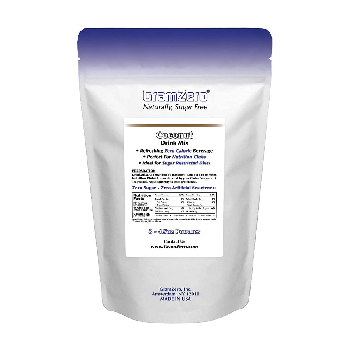 GramZero Coconut Zero Calorie Sugar Free Drink Mix | Keto Friendly & Stevia Sweetened