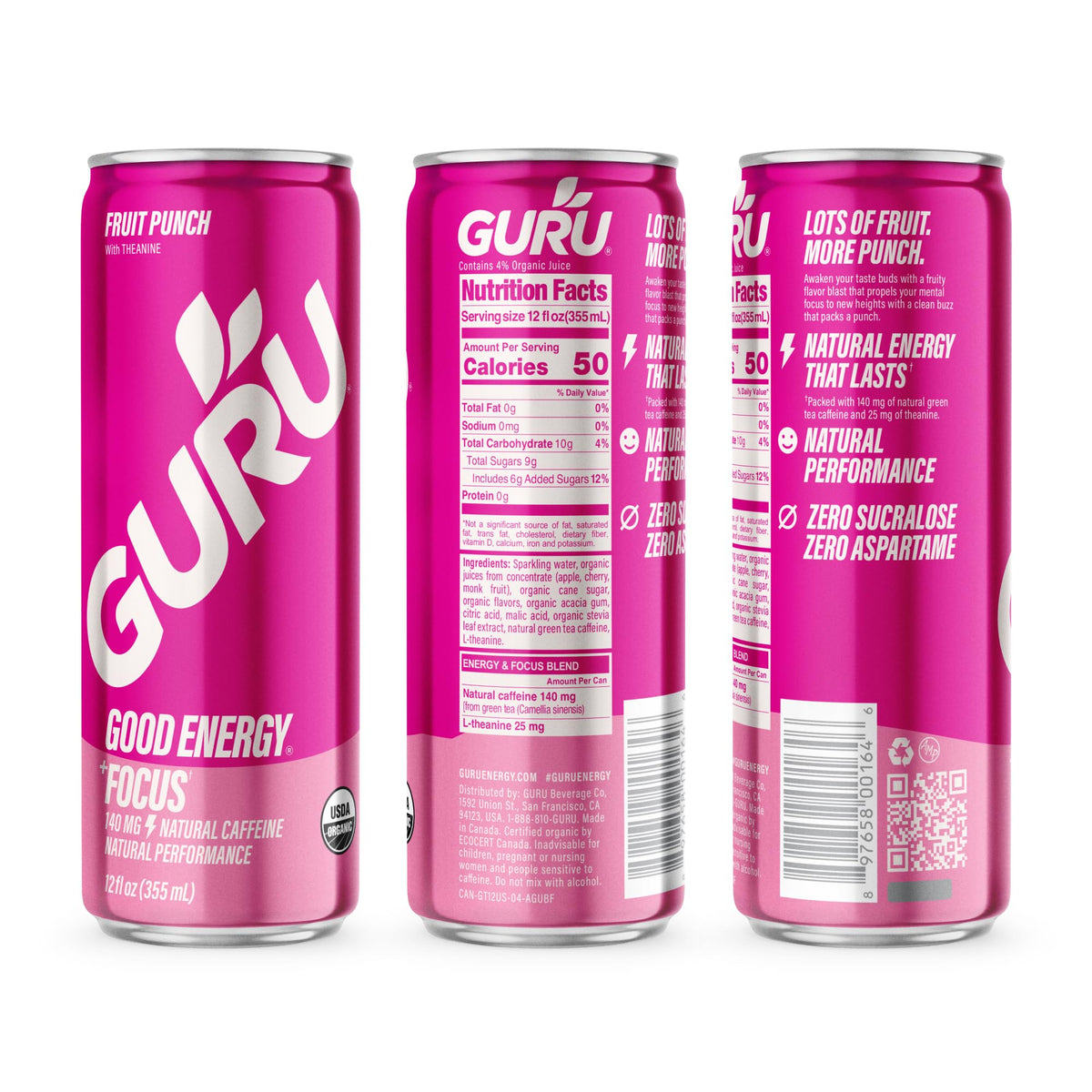 GURU Fruit Punch Organic Energy Drinks — 140 mg Natural Caffeine from Green Tea, Plant-Based, Vegan, Gluten-Free (12 Pack)