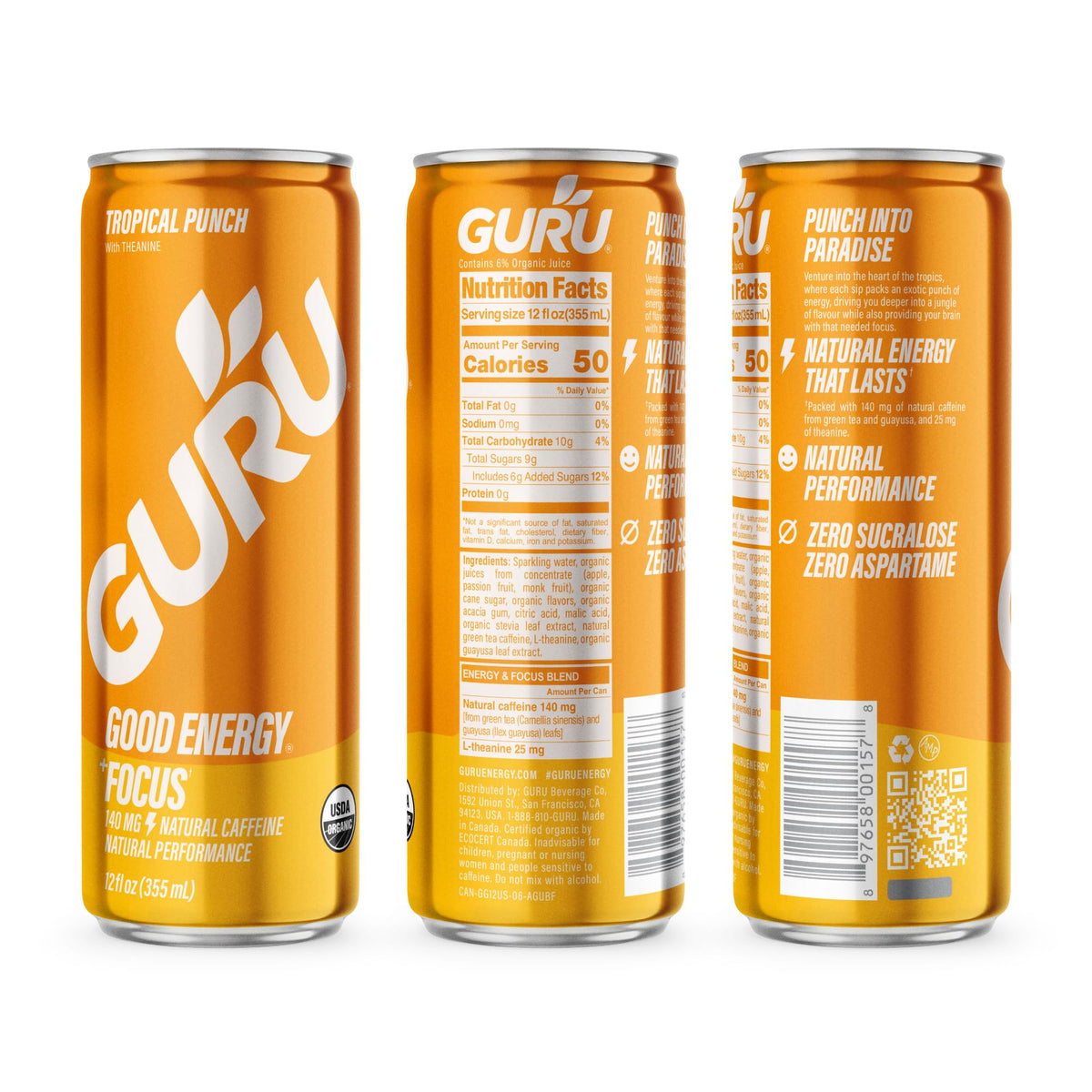 GURU Tropical Punch Organic Energy Drink – 140 mg Caffeine, Plant-Based, Gluten Free (12-Pack)
