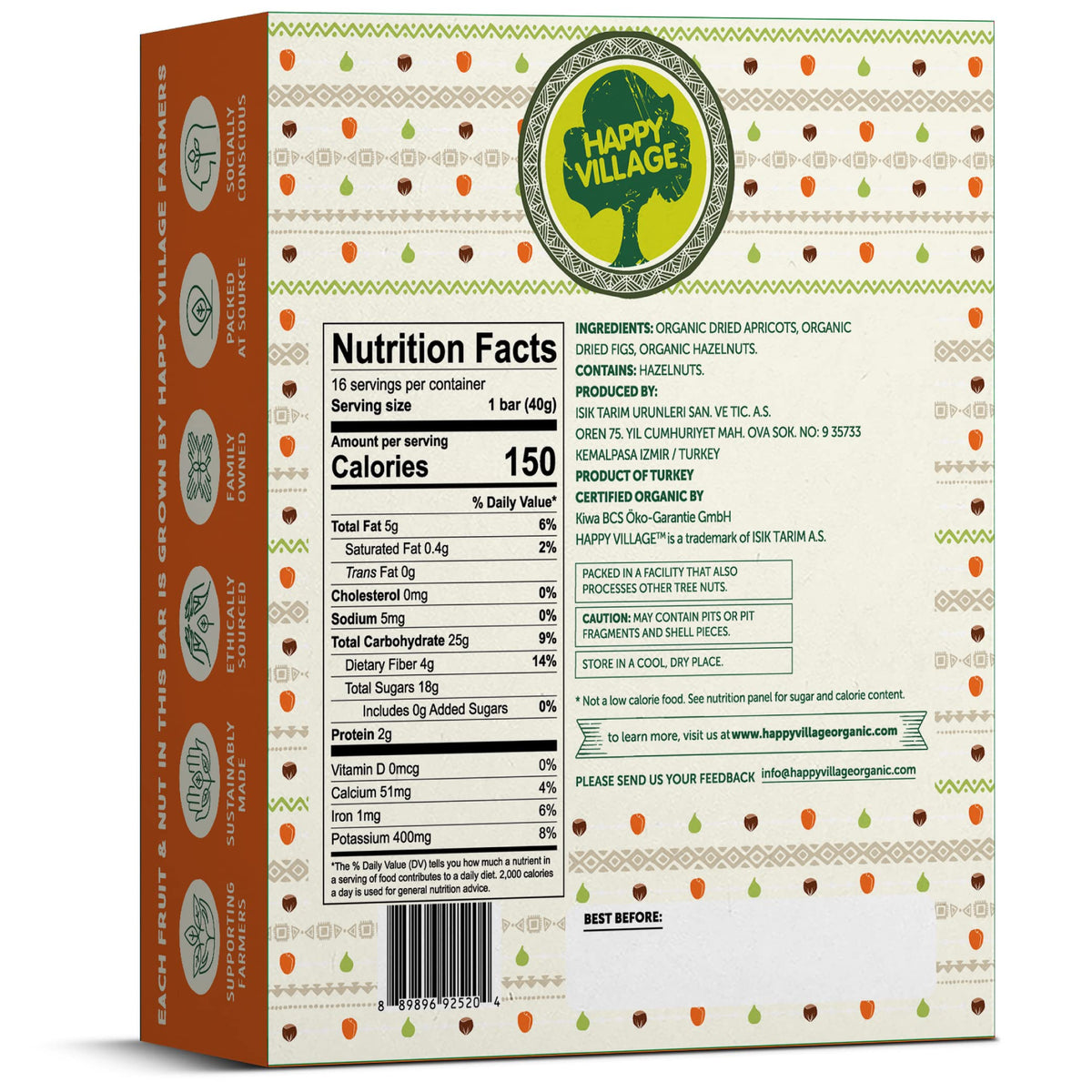 Happy Village Organic Fig & Apricot Nut Bar | 3-Ingredient, Gluten Free, Vegan