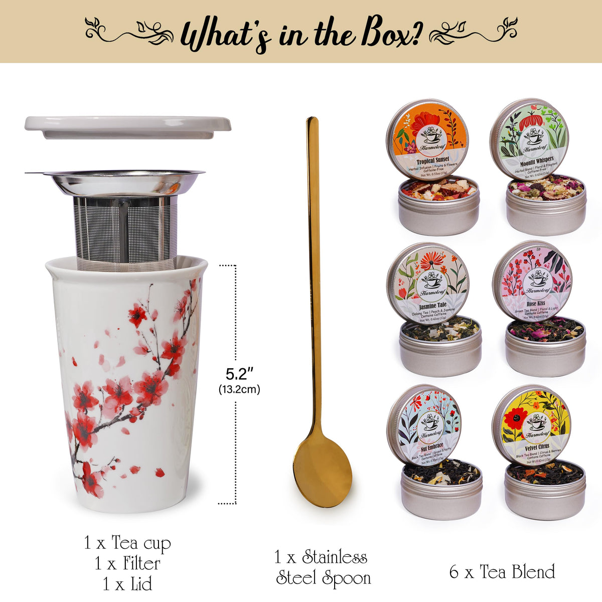 Harmoleaf Tea Gift Set for Women — 6 Herbal Blends, Insulated Ceramic Cup & Infuser