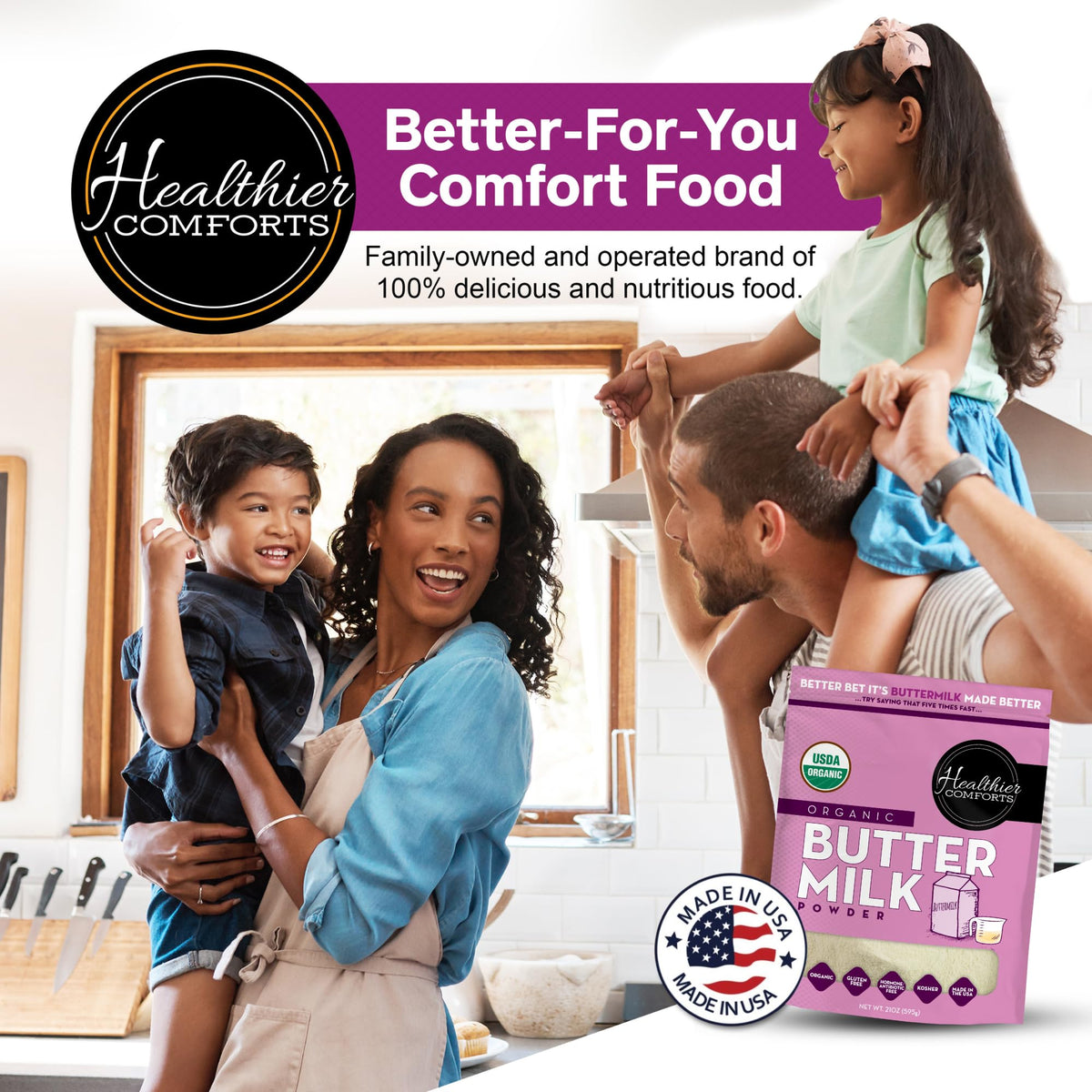 Healthier Comforts Organic Buttermilk Powder | USDA Organic, Kosher, Gluten Free, Non-GMO | 21oz