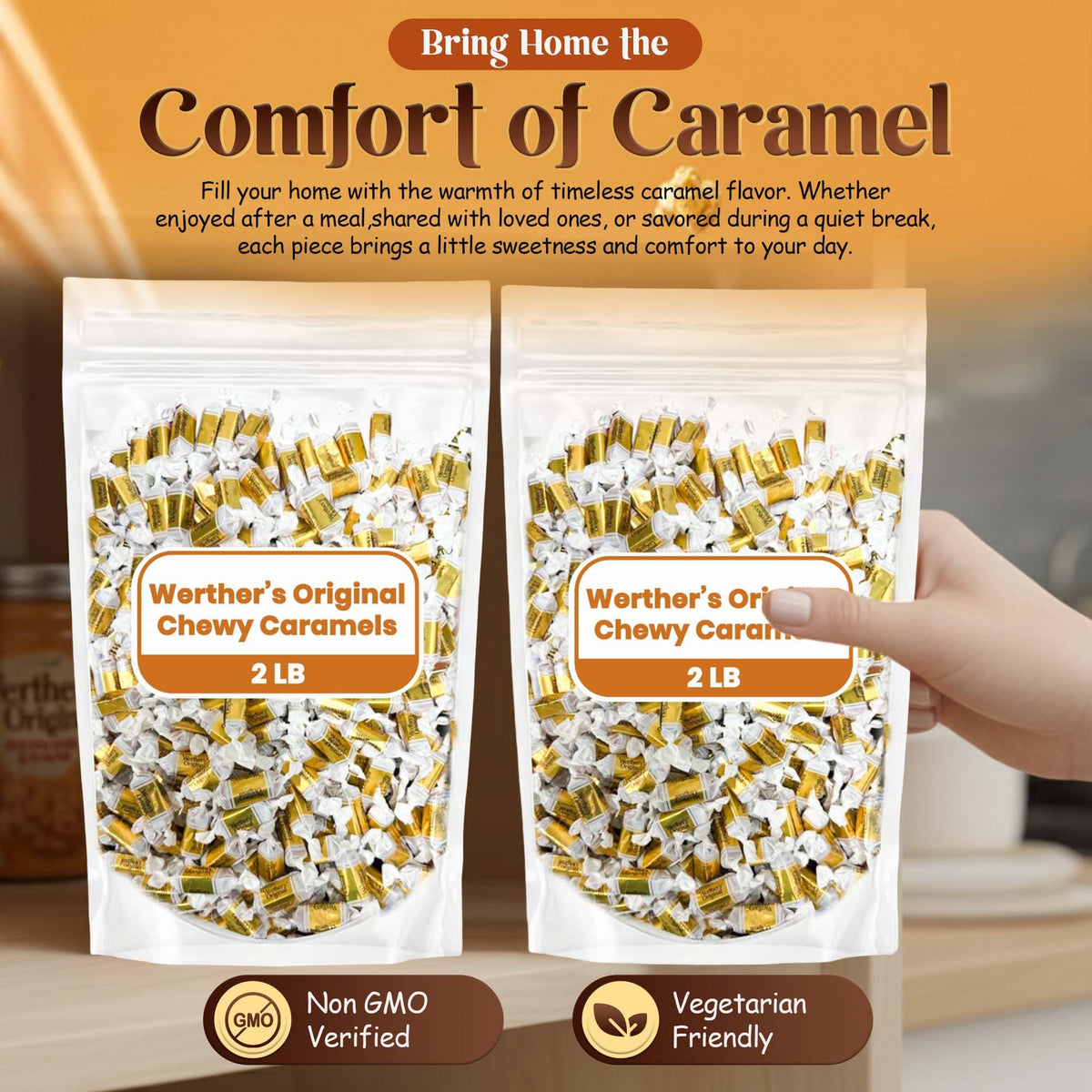 Hominics Werther's Soft Chewy Caramel Candy — 2 lb Bag, Individually Wrapped