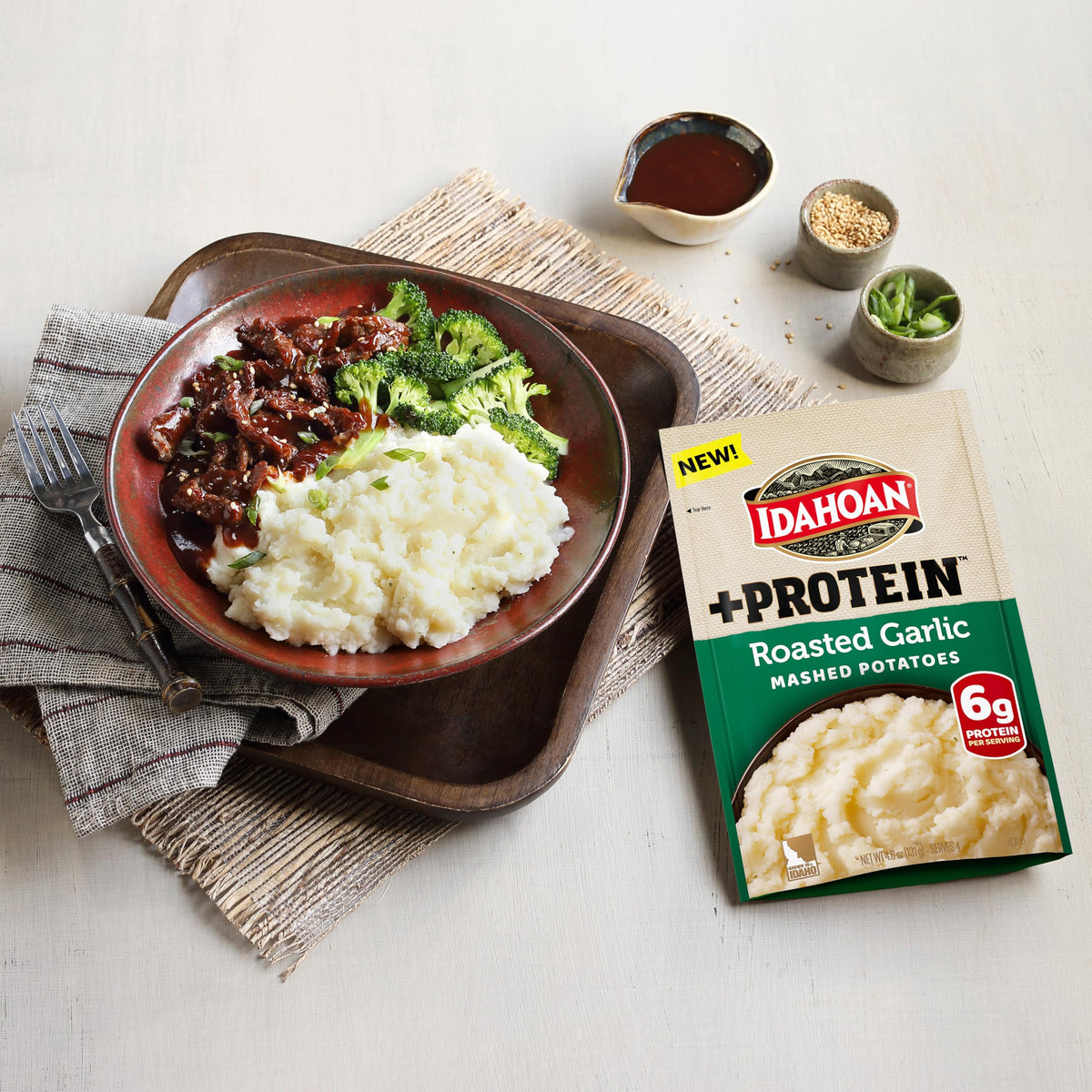 Idahoan Roasted Garlic +Protein Mashed Potatoes — 6g Protein per Serving, Gluten-Free, 4 Servings per Pouch (Pack of 10)