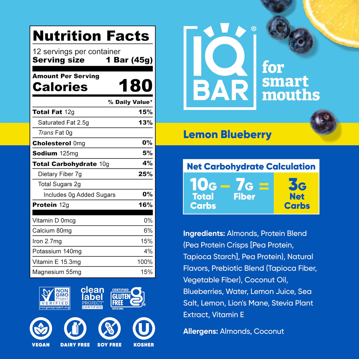 IQBAR Clean Plant Protein Bars – Lemon Blueberry (12 Count) | Keto, Vegan, High Fiber, Gluten & Dairy Free