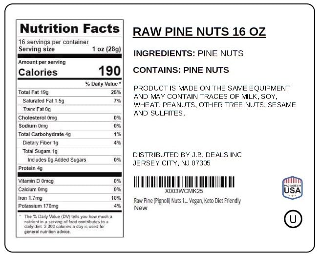 Jaybee's Raw Pine Nuts – 1 lb Unsalted Pignolias for Pesto, Salads & Baking