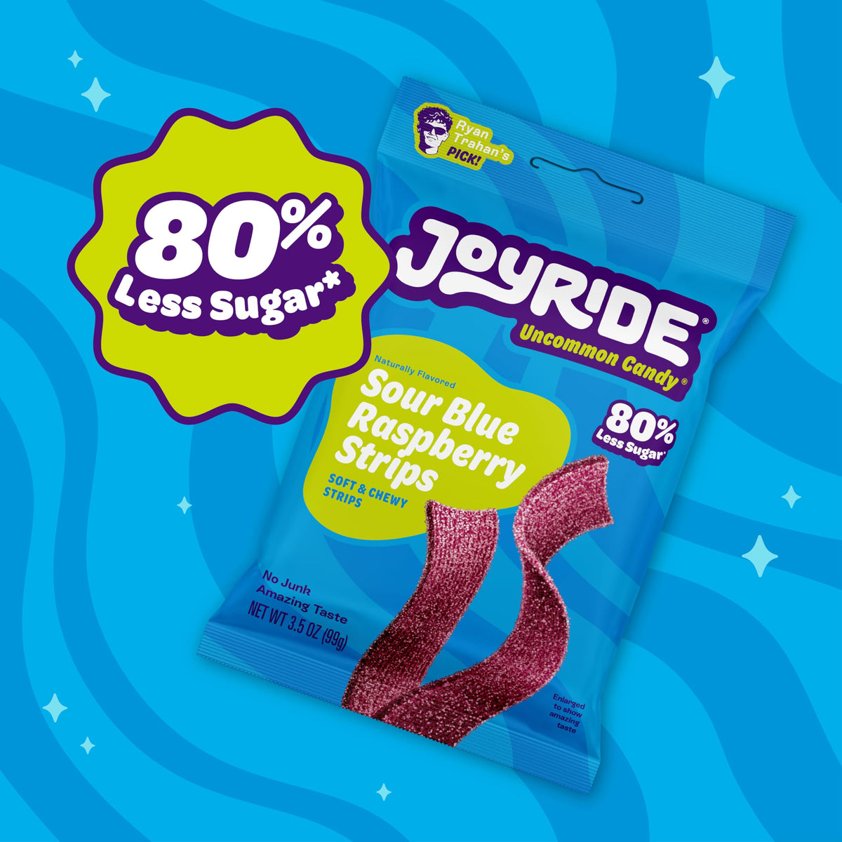 JOYRIDE Blue Raspberry Sour Strips – 6 x 3.5 oz Bundle + Glacial Peppermint Gum 2.5 oz | Low Sugar, Dye-Free, Plant-Based Candy