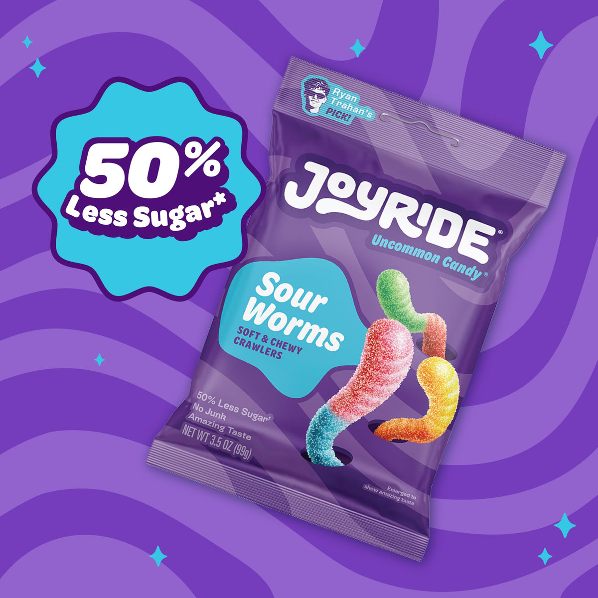 JOYRIDE Sour Worms – 3.5 oz 6-Pack + Glacial Peppermint Gum 2.5 oz | Low Sugar, Dye-Free