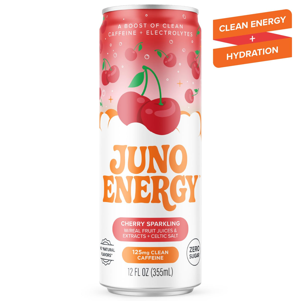 JUNO ENERGY Organic Cherry Sparkling Energy Drink – Sugar Free, 125mg Caffeine, Hydration (12 Pack)