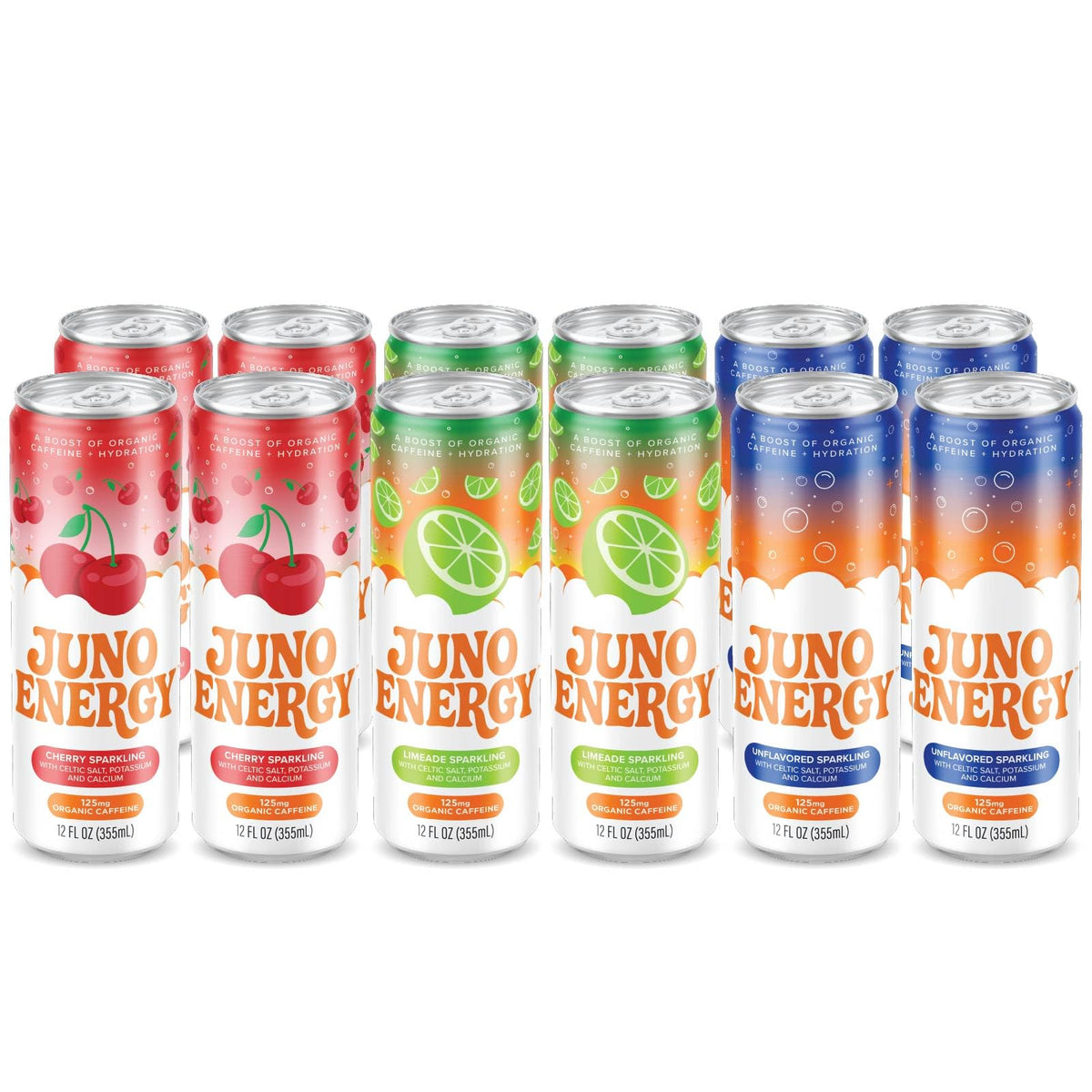 JUNO ENERGY Variety Pack – Sugar-Free Electrolyte Drink with 125mg Organic Caffeine, Lime & Cherry, Stevia Sweetener, 12 Pack | Vegan, Gluten-Free