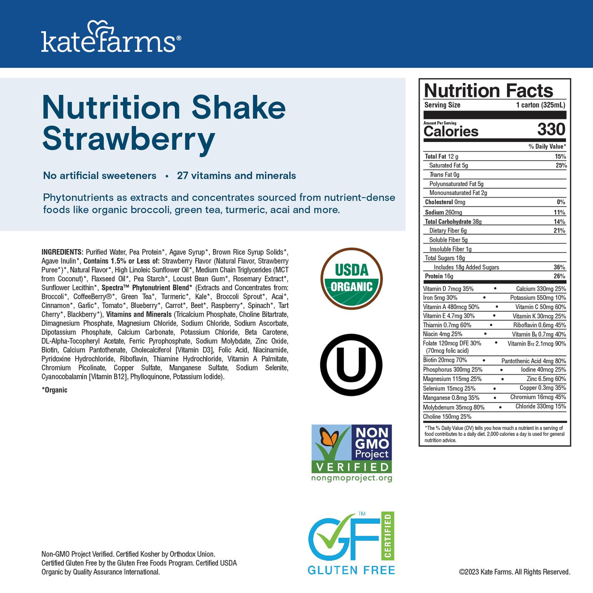 Kate Farms Organic Nutrition Shake – Strawberry, 16g Protein, 27 Vitamins & Minerals, 11 oz (12 Pack)