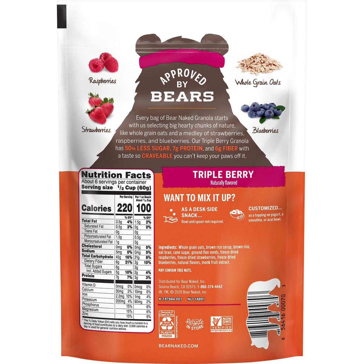 Kellogg's Bear Naked Triple Berry Crunch Granola – Vegan Breakfast Snacks (6 Bags)