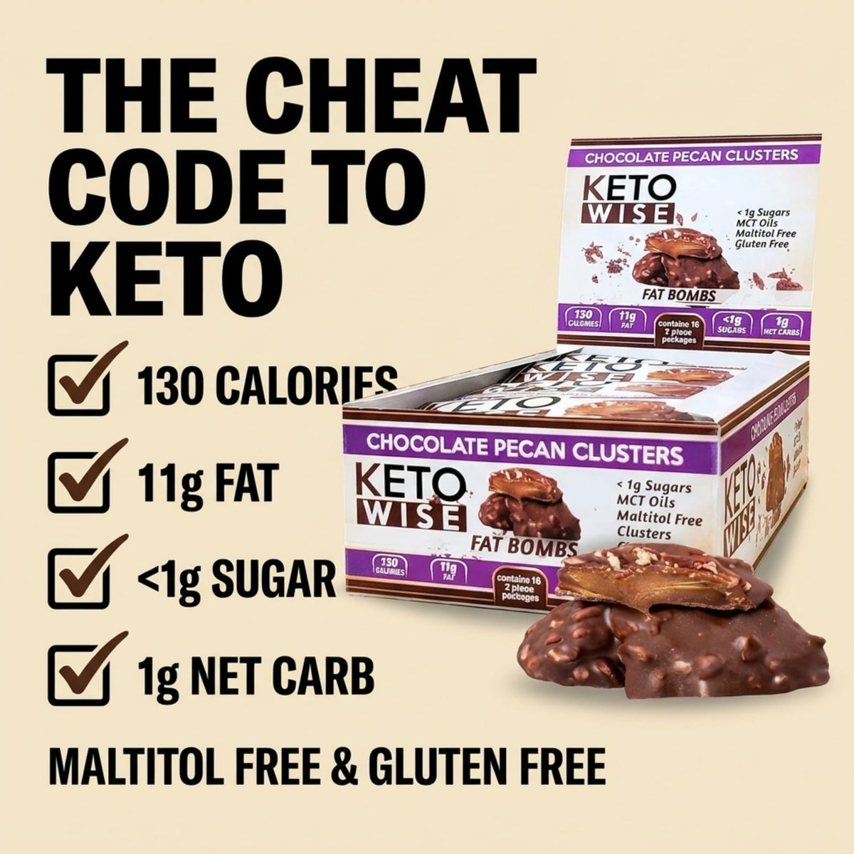 Keto Wise Fat Bombs — MCT Oil Chocolate Pecan Clusters, Low Carb Keto Snack (16 Count)