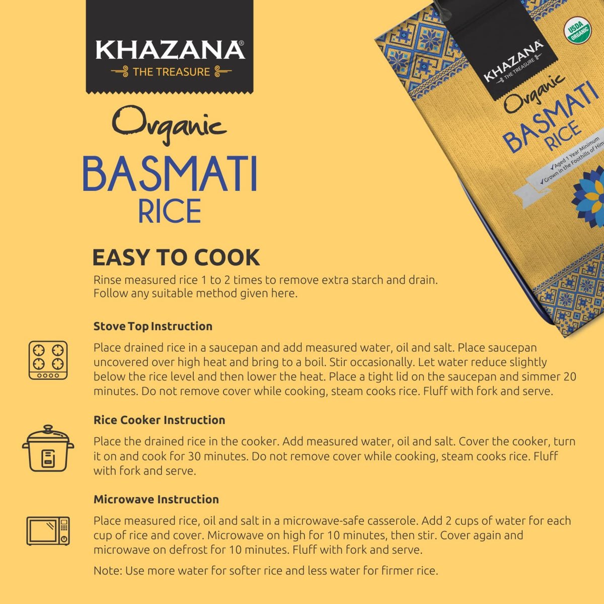 Khazana Authentic Organic Basmati Rice 10lb – Aromatic, Premium Flavor, Non-GMO, Gluten Free, Kosher