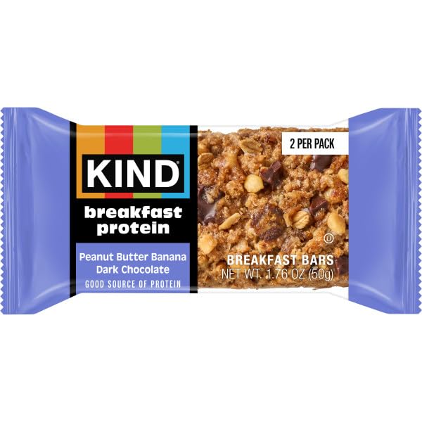 KIND Breakfast Protein Bars – Peanut Butter Banana Dark Chocolate, Gluten Free, 16g Whole Grains, 8g Protein, 30 Two-Bar Pack