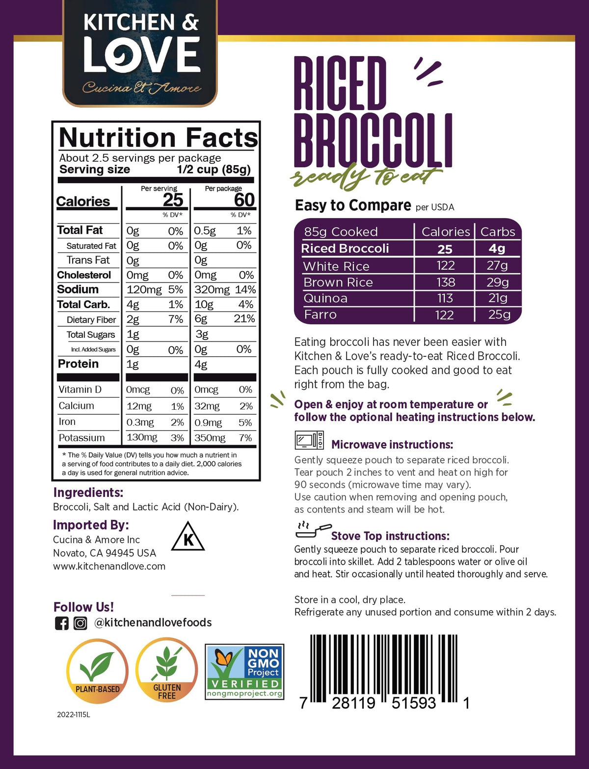Kitchen & Love Riced Broccoli 8 oz (6 Pack) | Low Carb, Vegan, Ready-To-Eat