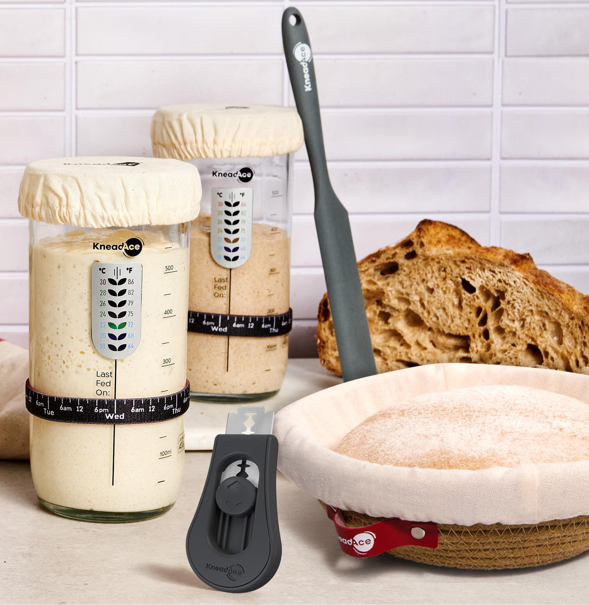 KNEADACE Sourdough Starter Kit — 24oz Jar, 2 Round Cotton Rope Bannetons, Magnetic Bread Lame | Complete Baking Set