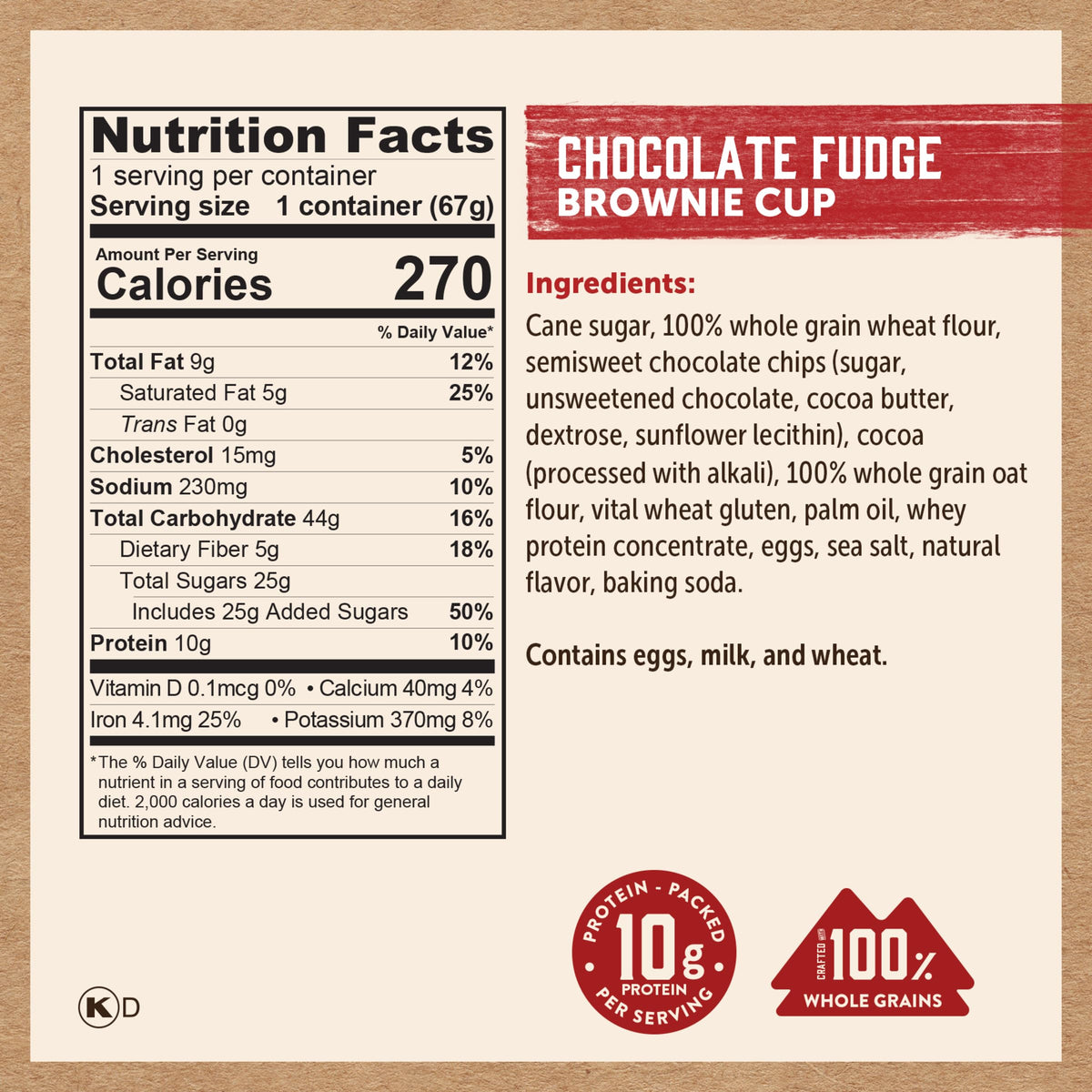 Kodiak Cakes Chocolate Fudge Brownie in a Cup — 12 Pack, 2.36 oz Each | 10 g Protein, Whole Grain