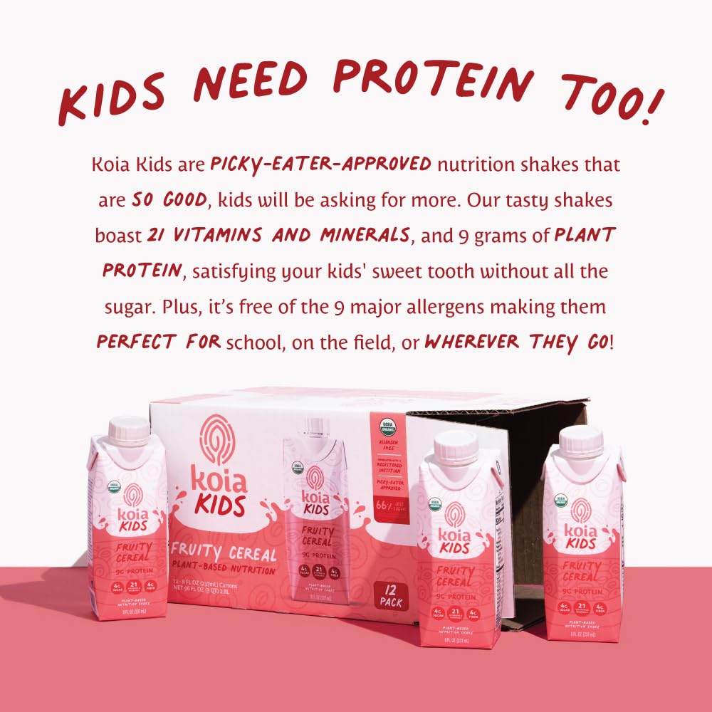 Koia Kids Plant Based Protein Shake – Fruity Cereal, Ready-to-Drink, 9g Protein, 8 fl oz, Pack of 12