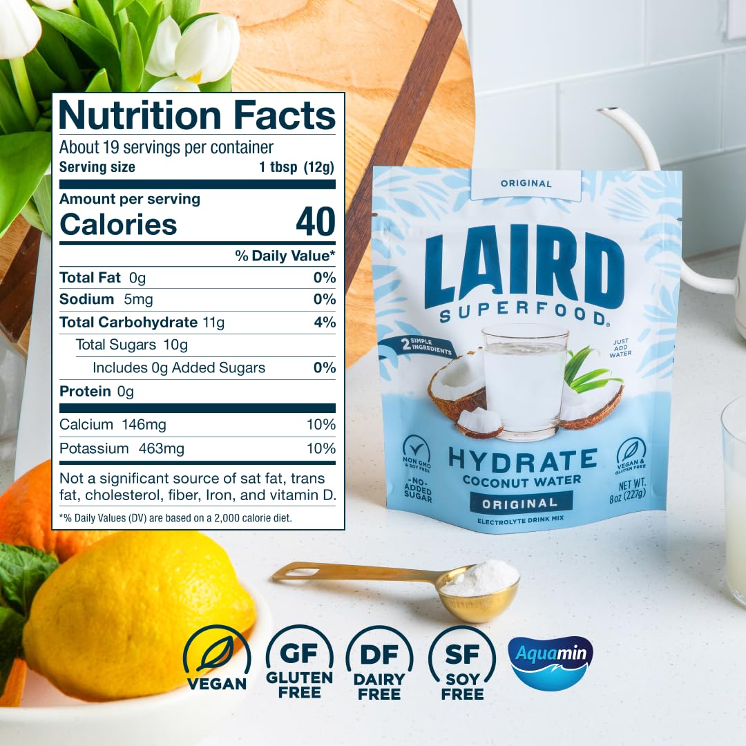 Laird Superfood HYDRATE Coconut Water Powder with Aquamin – Sugar-Free & Vegan (8 oz)