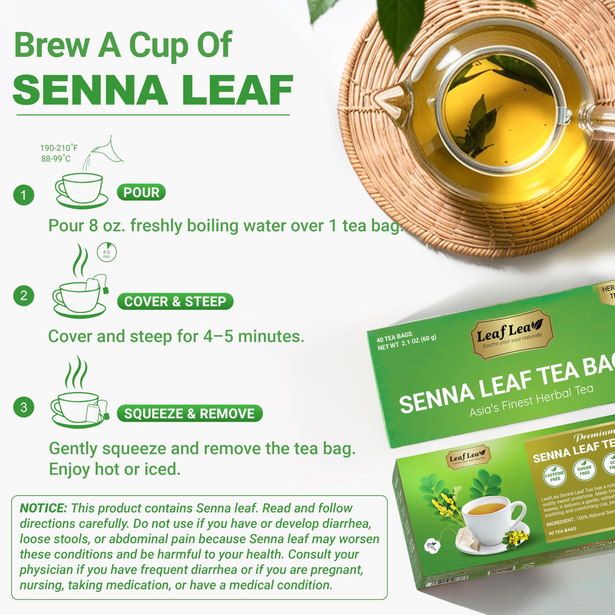 LeafLea 120 Senna Tea Bags – Pure Senna Herbal Tea for Gentle Digestive Support