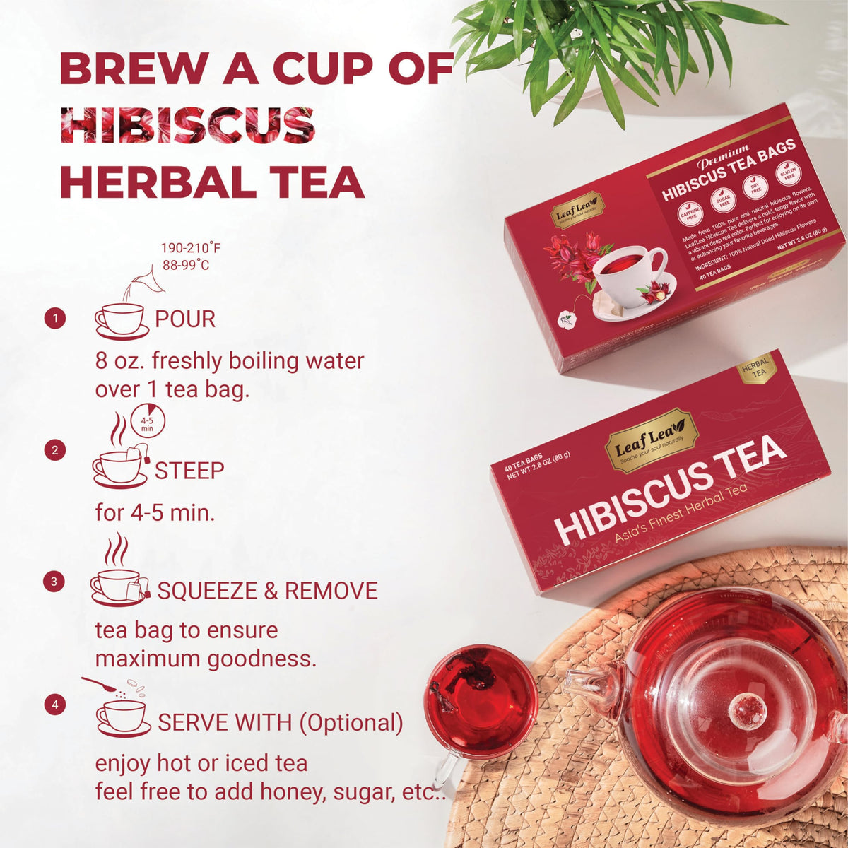 LeafLea 120 Hibiscus Tea Bags - 100% Hibiscus Flowers, Caffeine-Free
