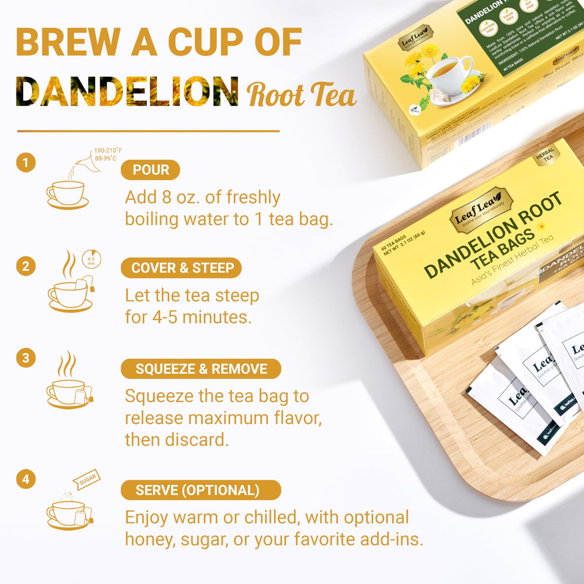 LeafLea 80 Dandelion Tea Bags – All Natural Dandelion Root Tea, Caffeine-Free, 2-Pack