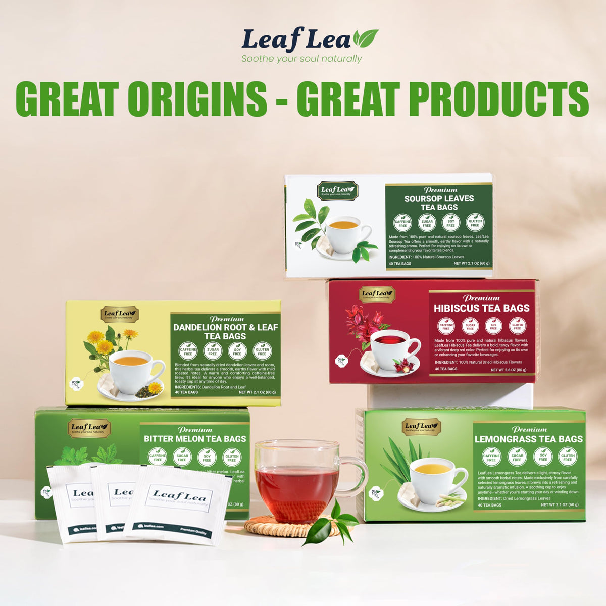 LeafLea 80 Dandelion Root & Leaf Tea Bags – Caffeine-Free, Vegan (2 Pack)