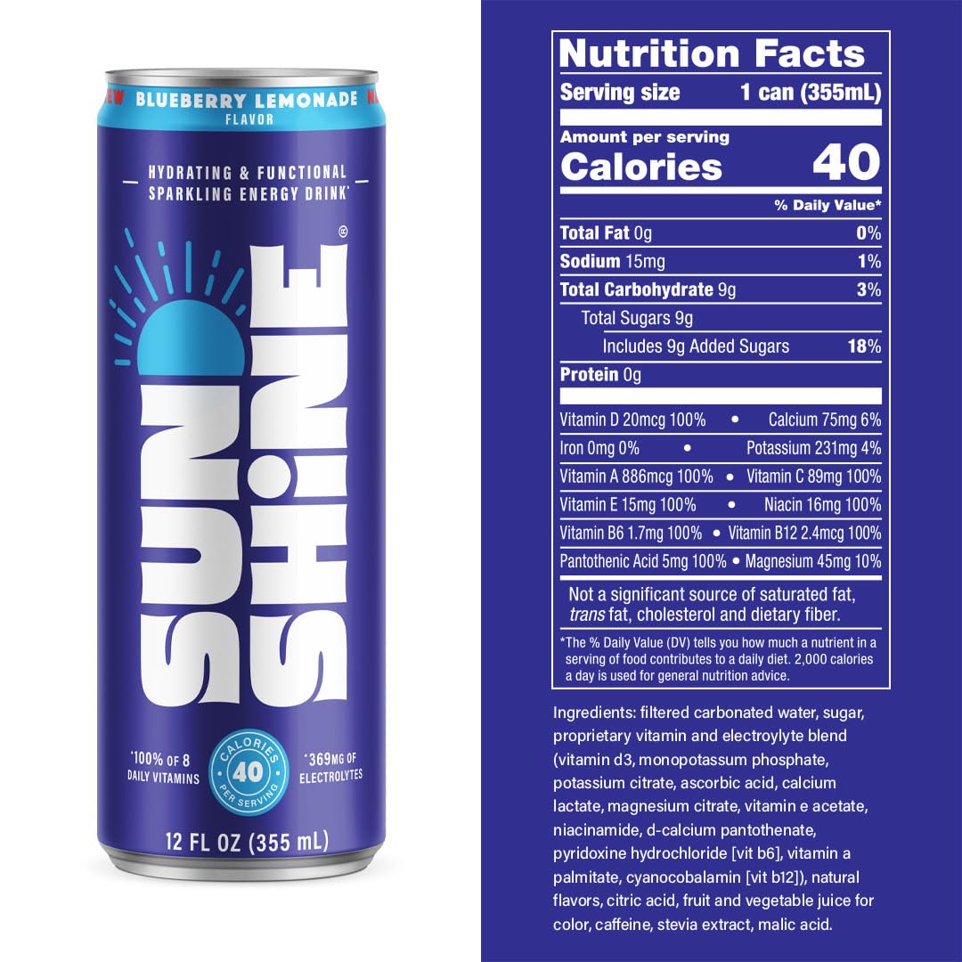 Legendary Sunshine Sparkling Energy Drink — Blueberry Lemonade, 360mg Electrolytes, 70mg Caffeine, 12-Pack