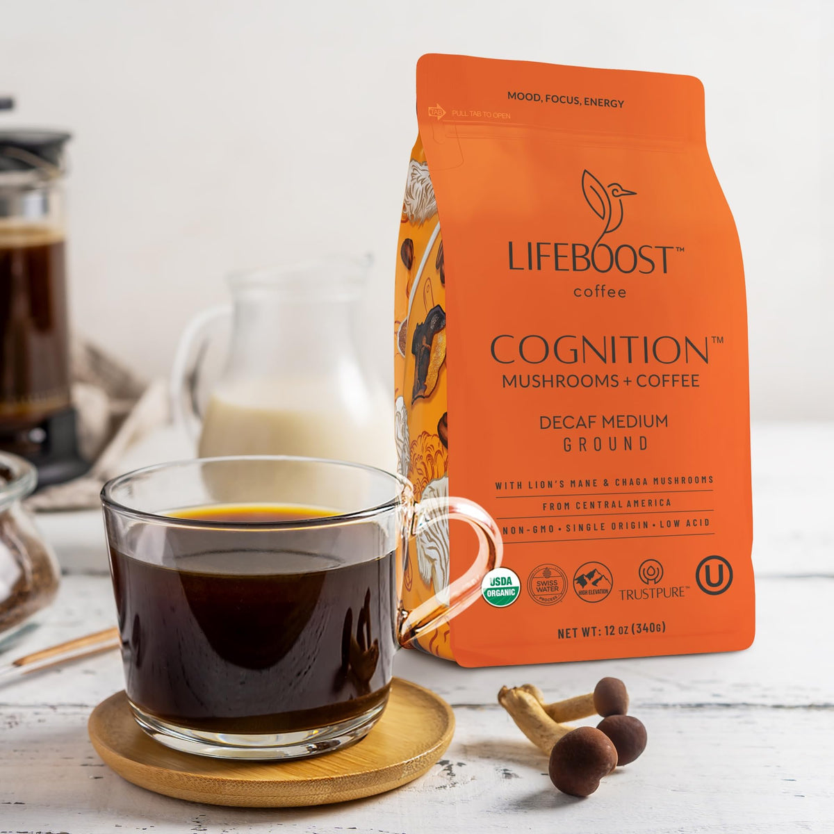 Lifeboost Cognition Decaf Mushroom Coffee – Low Acid, Lion’s Mane & Chaga (12 oz Ground)