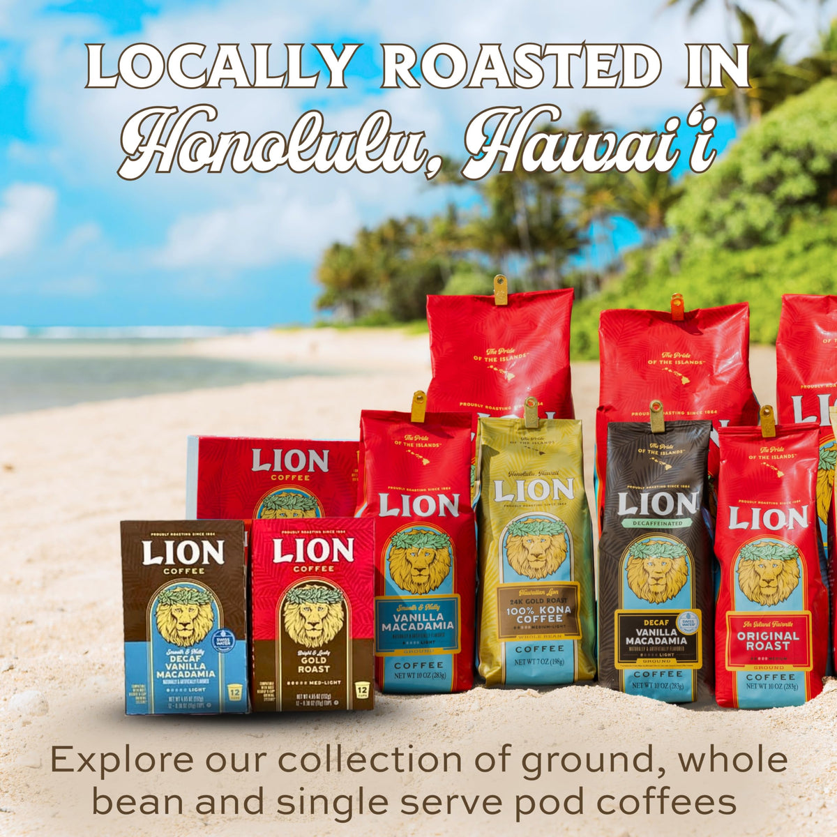 Lion Coffee 24K Gold Roast Kona Whole Bean Coffee | 100% Kona, Medium-Light, A Taste of Aloha | 7 oz